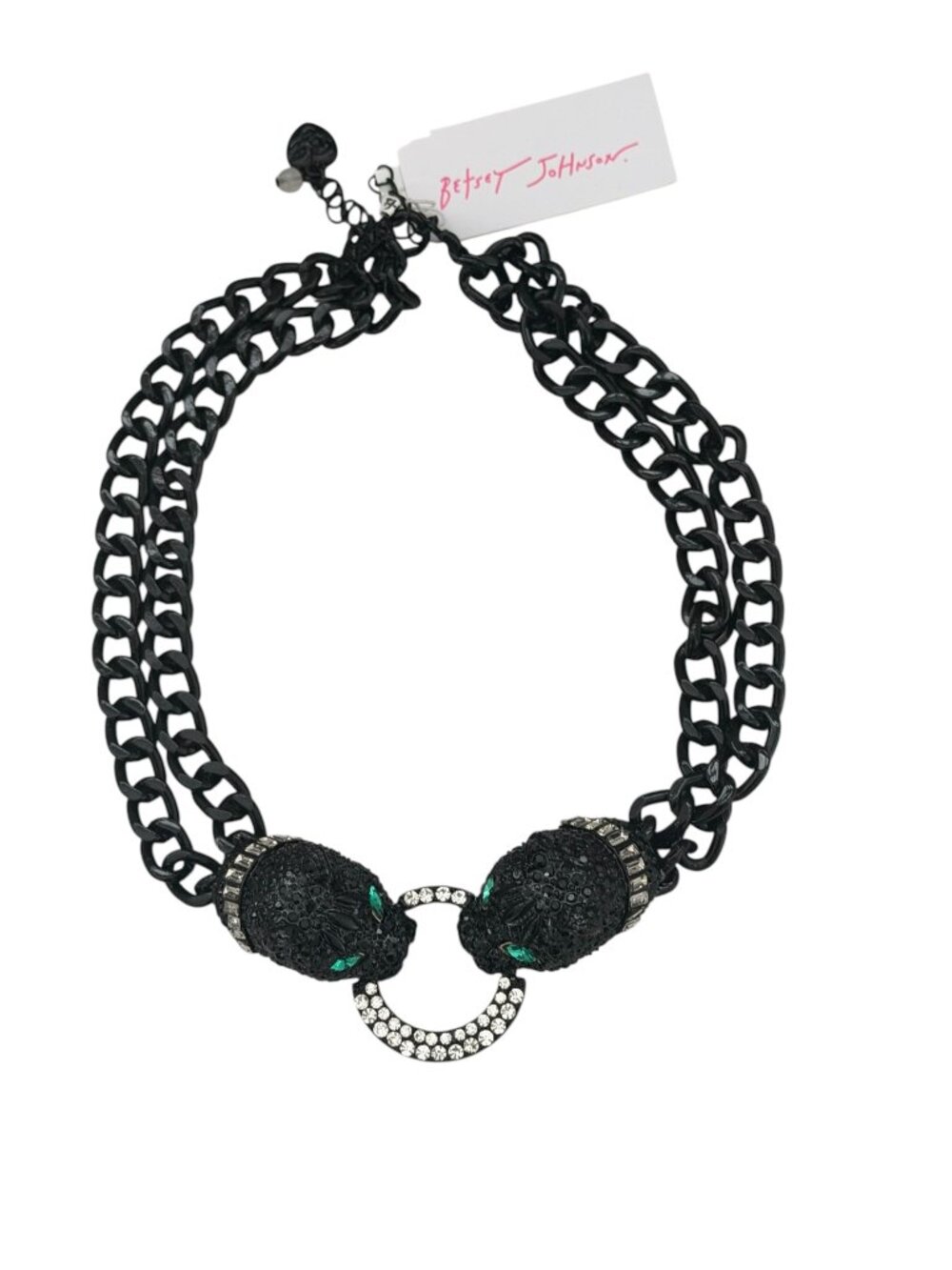 Betsey Johnson Black Panther Cat Crystal Statement Chain Necklace NWT